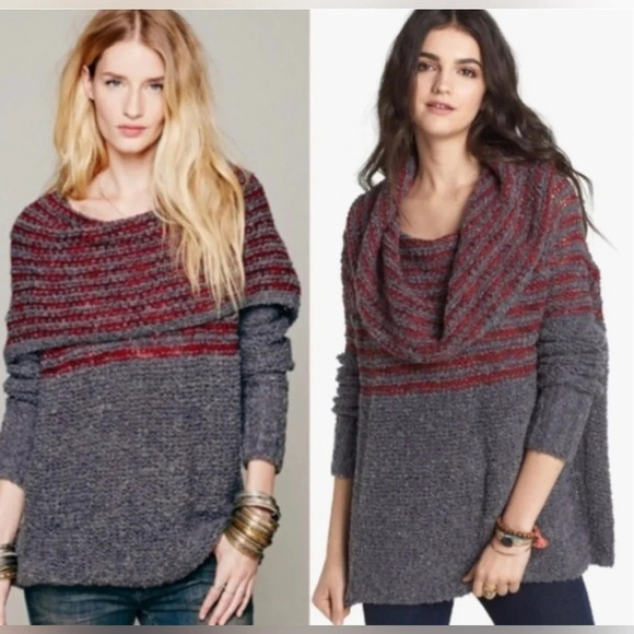 Free People Engineered Cowl Neck Grey Red Stripe Sweater Medium - Picture 1 of 10